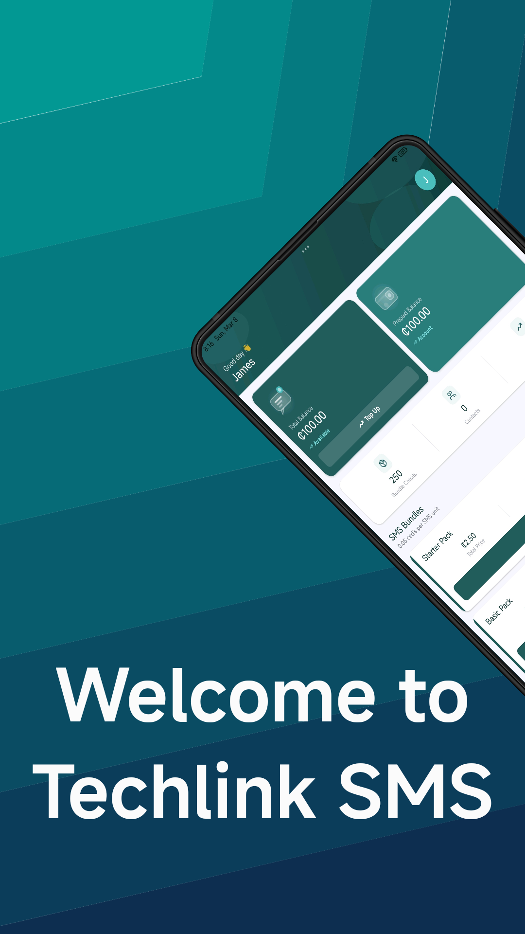 Techlink SMS App home screen — Welcome screen